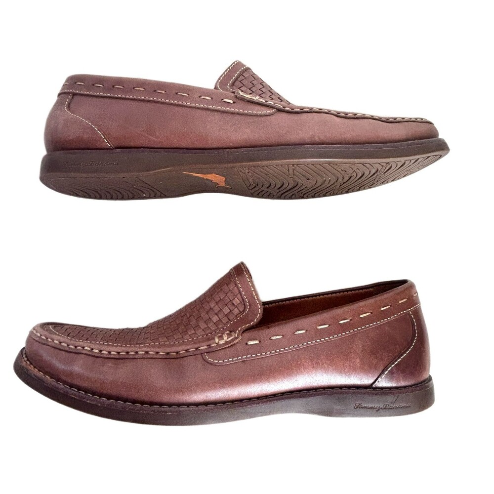 Tommy Bahama Mens Shoes  9 Brown Leather Loafers Brooks Bay Woven Vamp - Picture 6 of 11